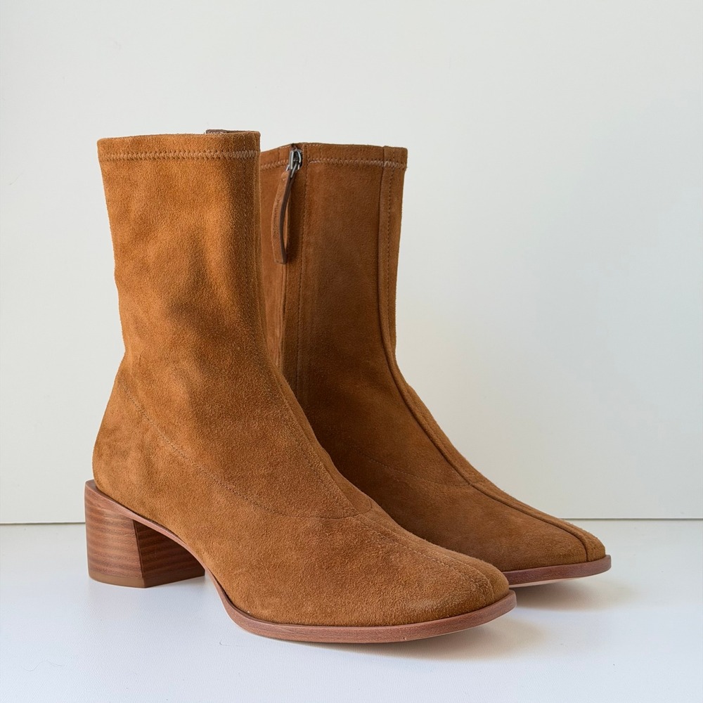 Reformation Louie Stretch Sock Boot Women 8.5 Brown Suede Square Toe Block Heel - Picture 6 of 13